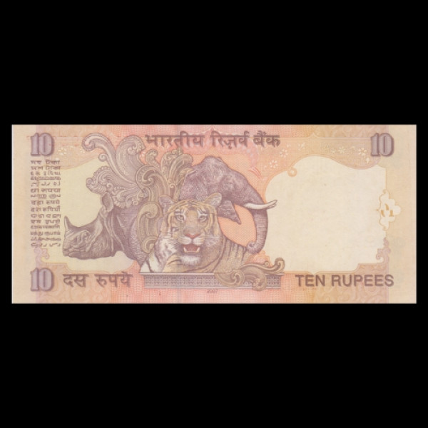 10 Indian Rupee Note  Mahatma Gandhi Tiger and Elephant wildlife-Y. N. Reddy(2007)