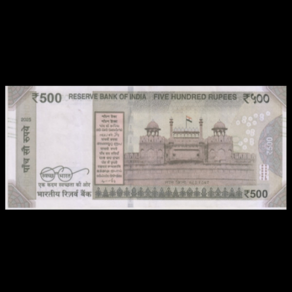 500 Indian Rupee Note Mahatma Gandhi New Series (Red Fort–Swachh Bharat 2025)Sanjay Malhotra