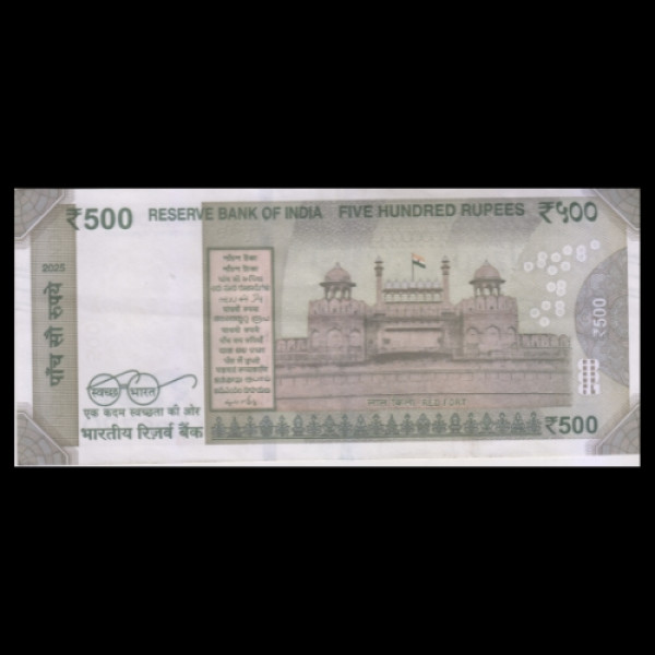 500 Indian Rupee Note Mahatma Gandhi New Series (Red Fort–Swachh Bharat 2025)Sanjay Malhotra